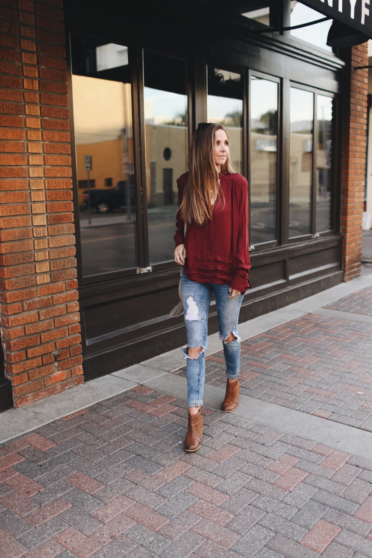 Merrick's Art Burgundy Top Boyfriend Jeans