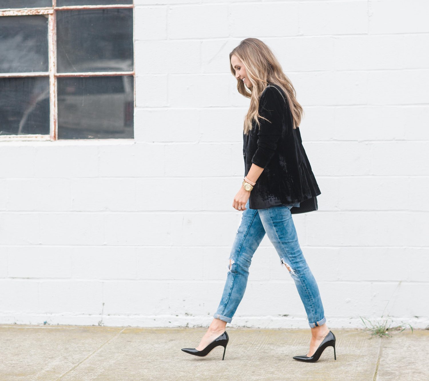 Merrick's Art Velvet Blazer and Boyfriend Jeans