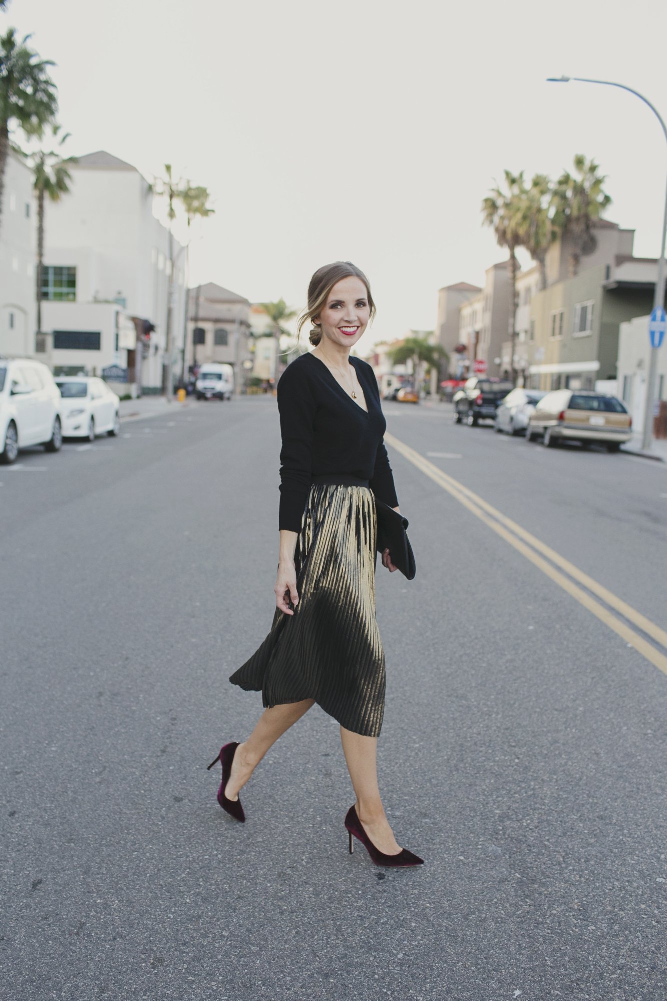 Gold Foil Pleated Midi Skirt