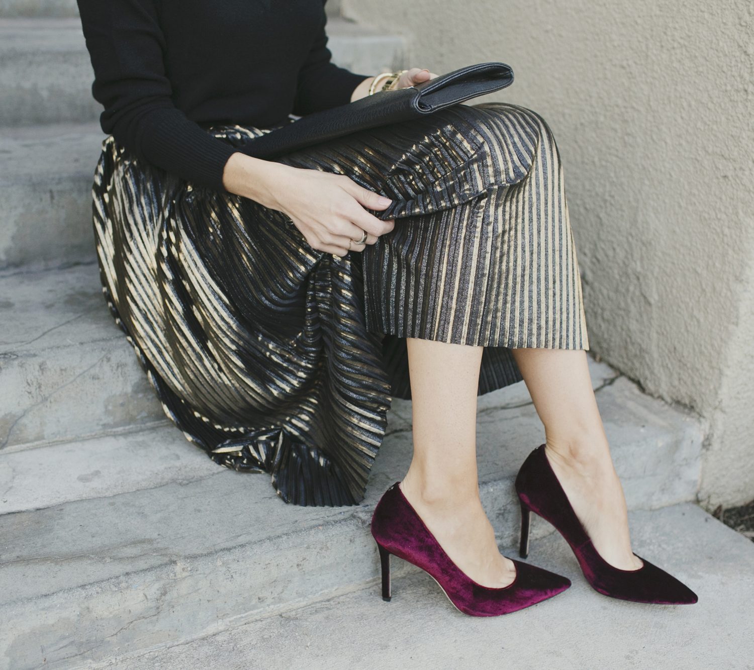 Merrick's Art Gold Skirt and Velvet Pumps