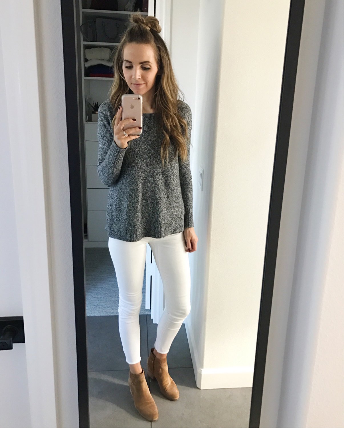 Merrick's Art Gray Sweater White Jeans