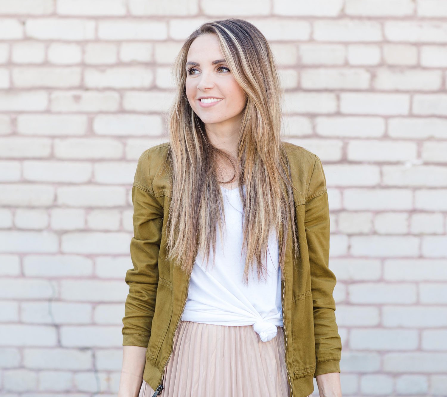 Merrick's Art Olive Bomber and Blush Pleated Skirt