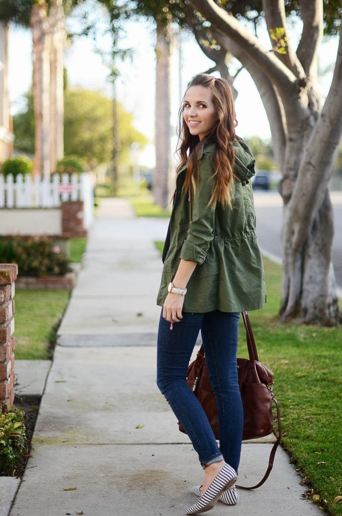 Olive Green Jacket, Striped Flats