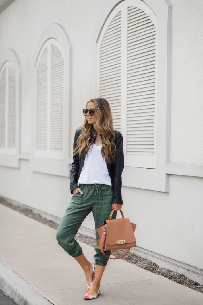 olive green joggers floral flats