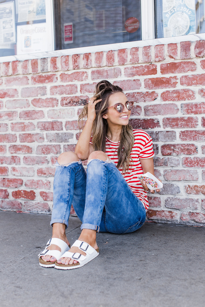 striped tee with birkenstocks