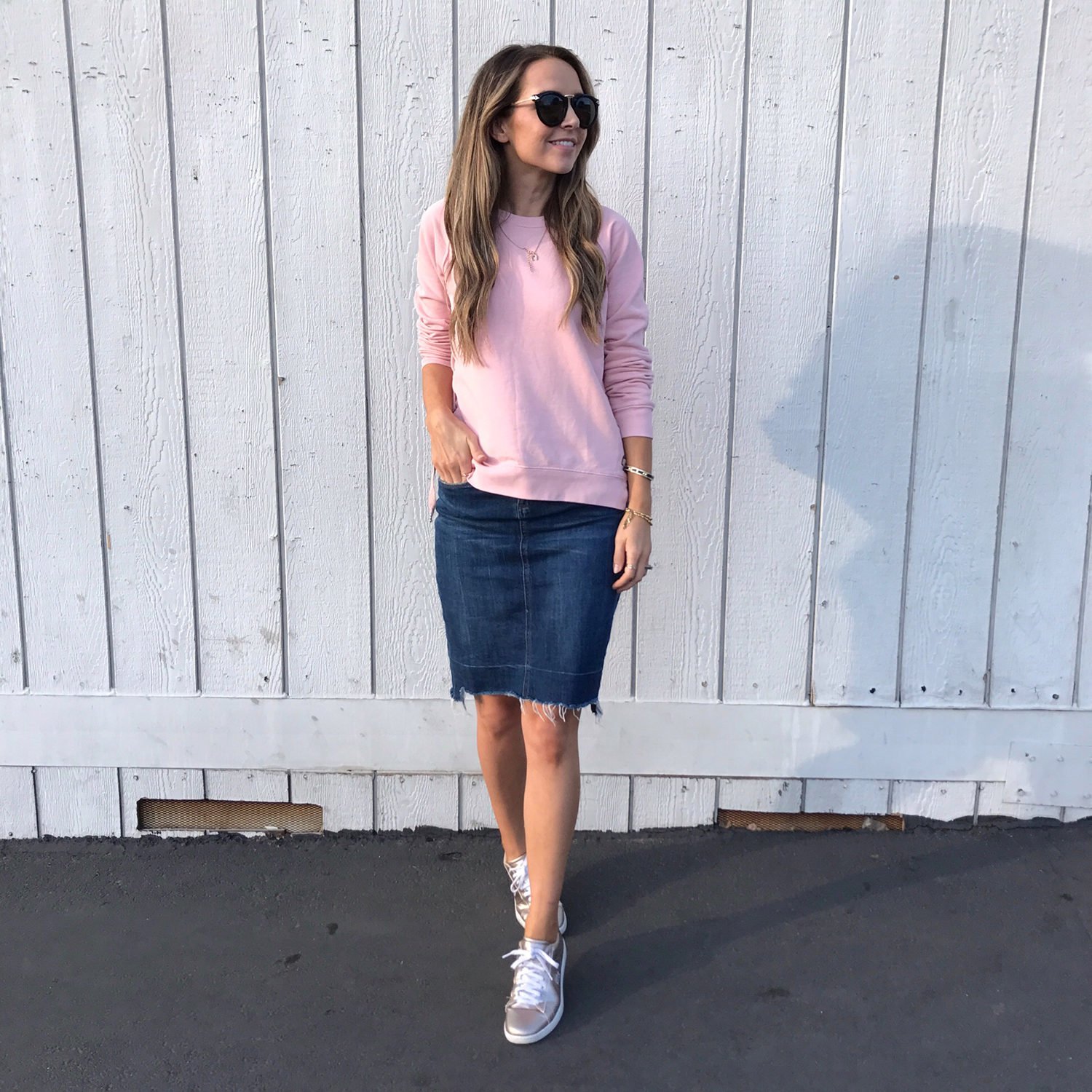 merricksart.com | pink lace-up sweater and denim skirt