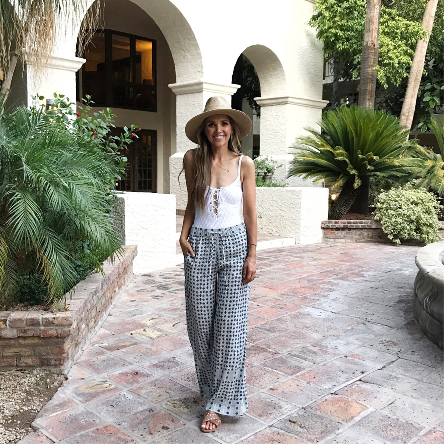 merricksart.com | White One-Piece Swimsuit and Wide Leg Pants