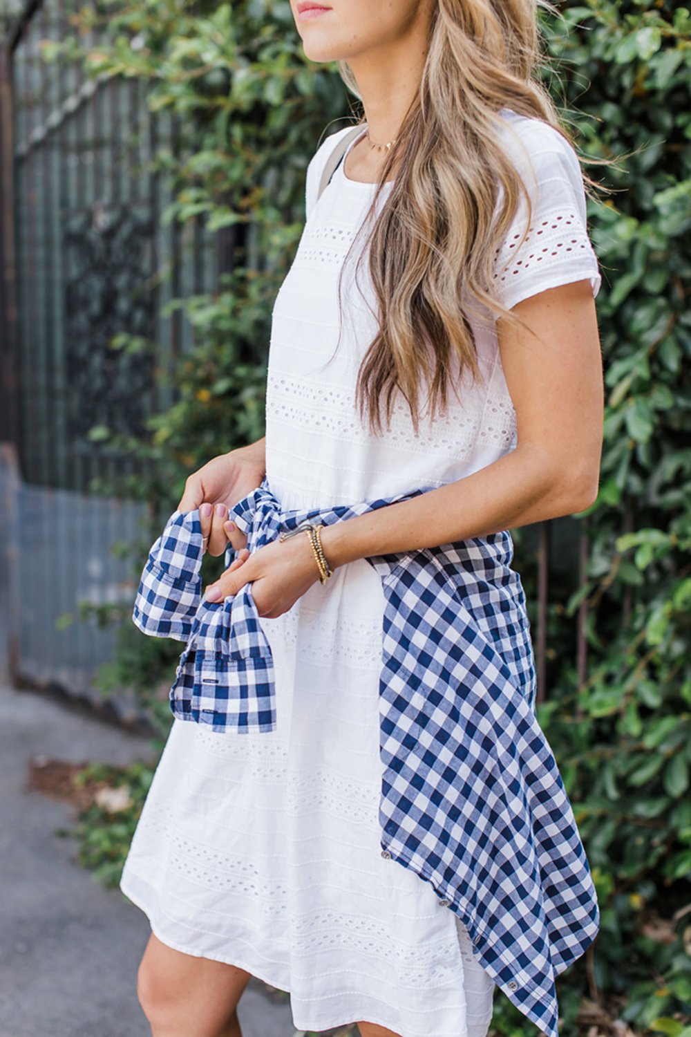 merricksart.com | white dress and blue gingham shirt