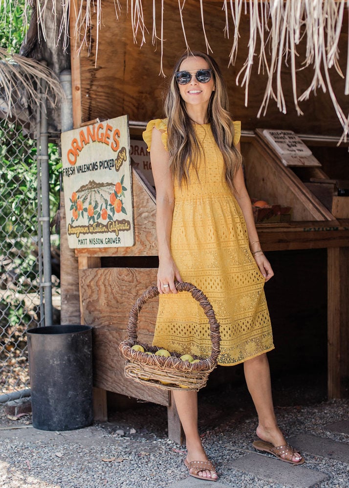 merricksart.com | grabbing some fresh fruit in my yellow lace dress from amazon fashion