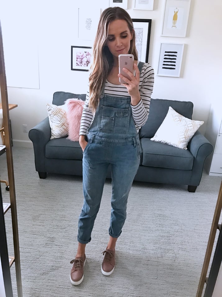 merricksart free people overalls and striped long sleeve tee