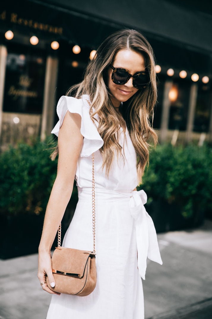 the perfect white linen dress with ruffle sleeves and a tie waist