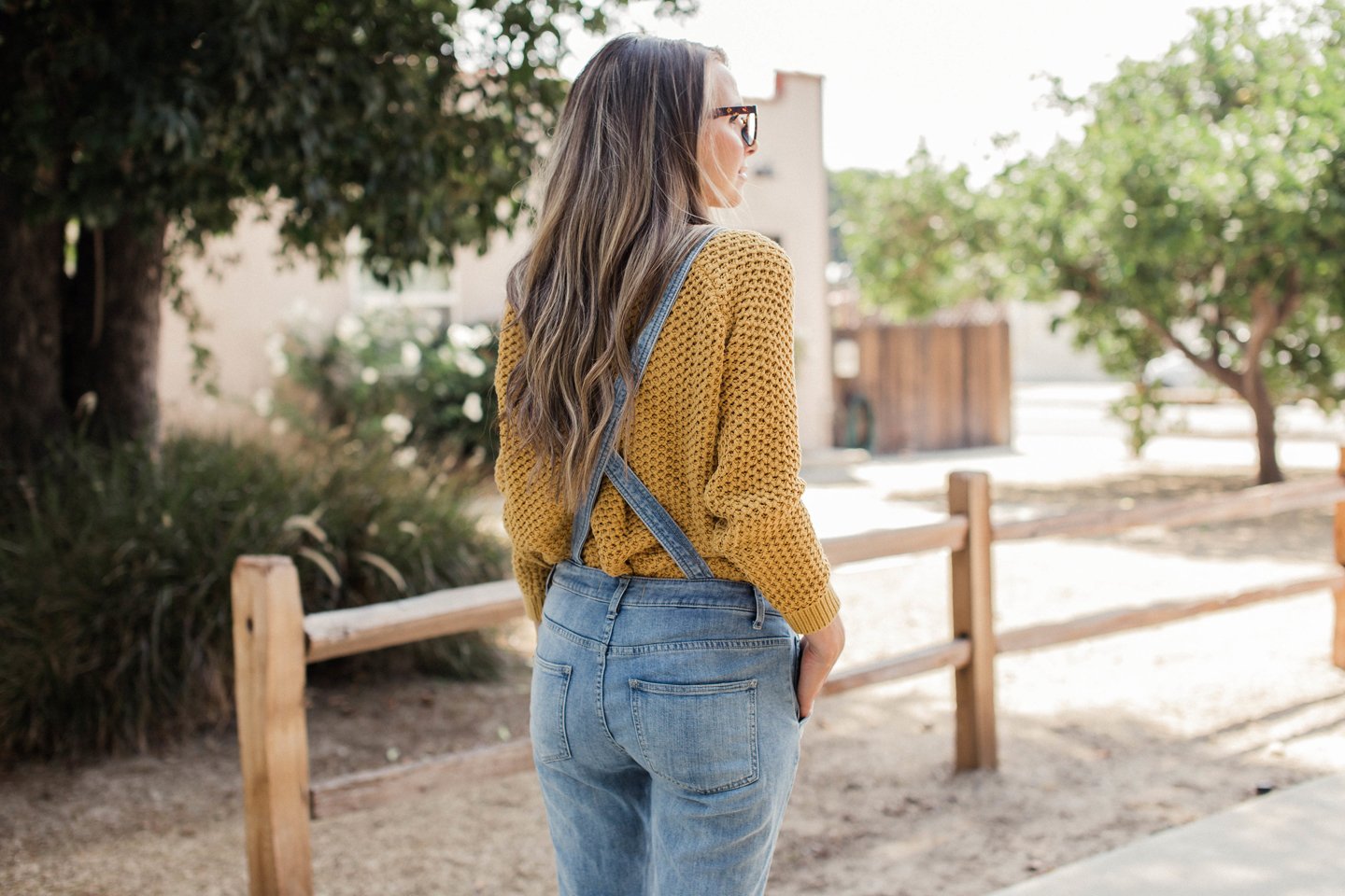 Free people overalls with forever 21 mustard yellow cable knit sweater