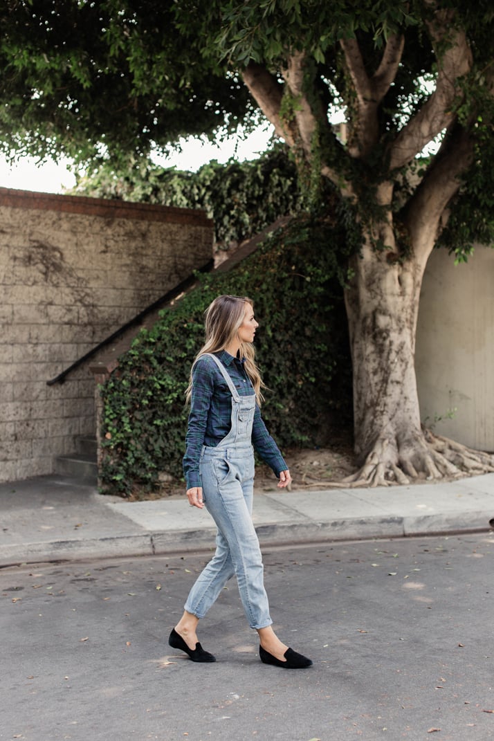 Try your overalls with dark, season appropriate plaid