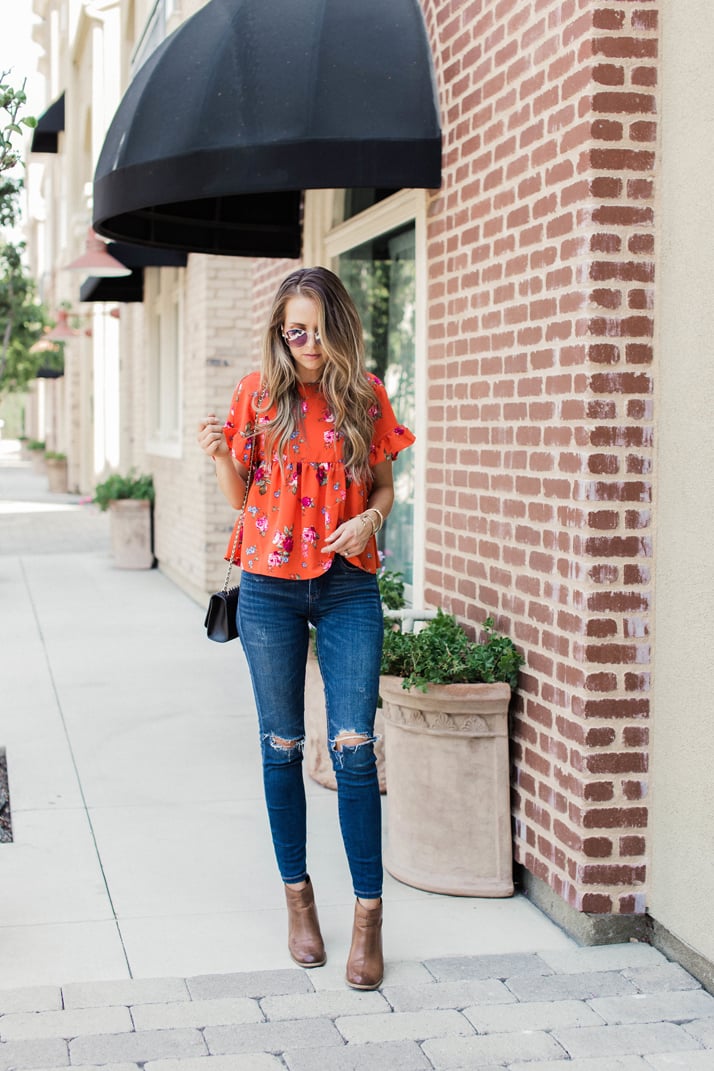 merricksart.com red floral top with ruffle sleeves via Asos