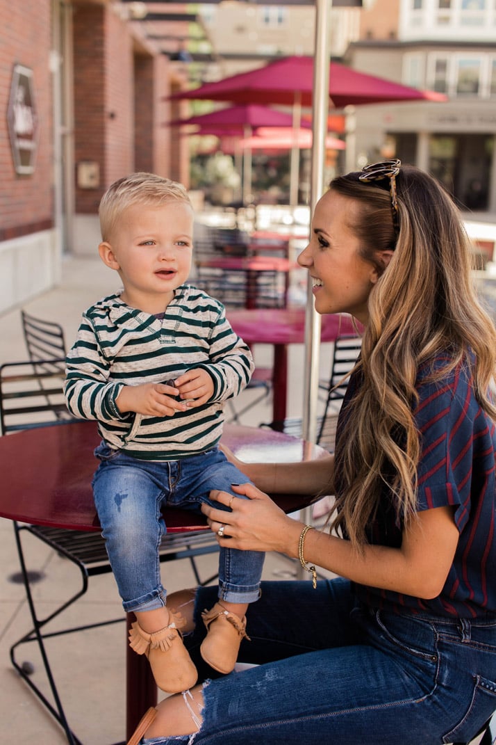 an easy momiform shirt and the cutest toddler striped hoodie