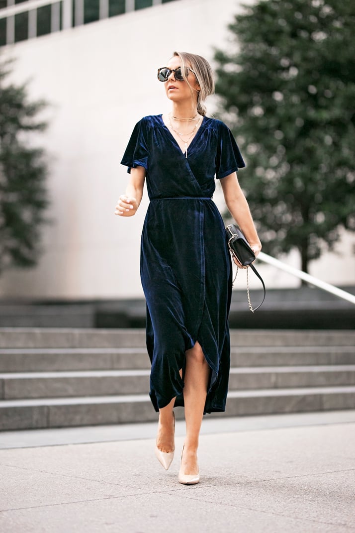 navy velvet wrap dress