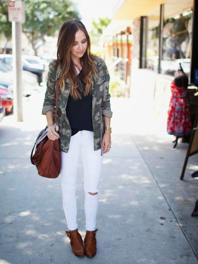 white jeans and camo jacket | merricksart.com