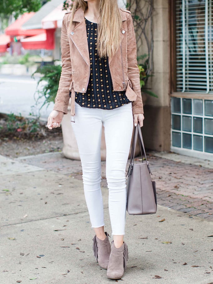 white jeans and suede jacket | merricksart.com