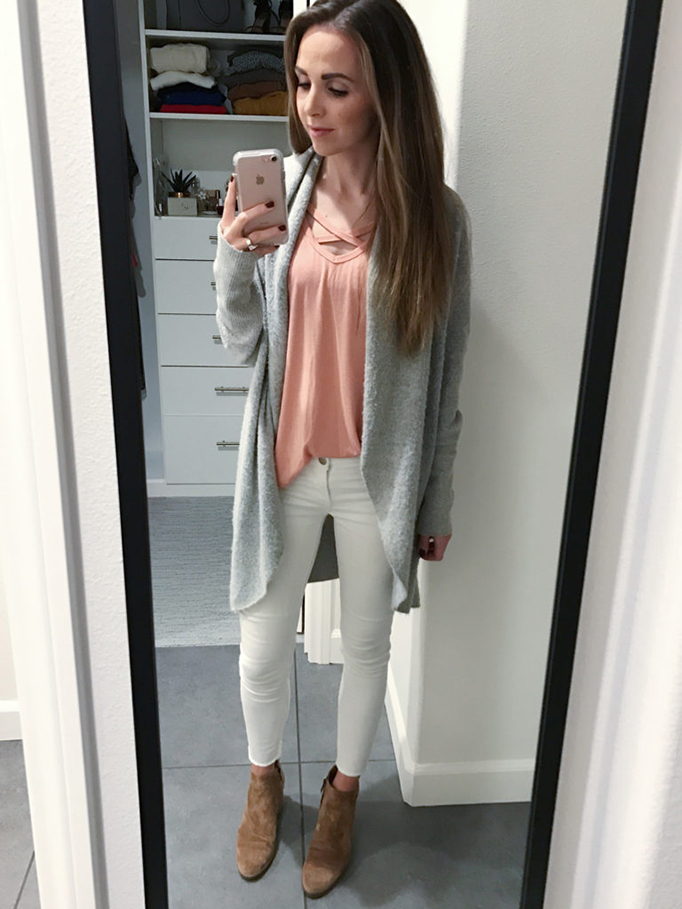 white jeans and gray cardigan | merricskart.com