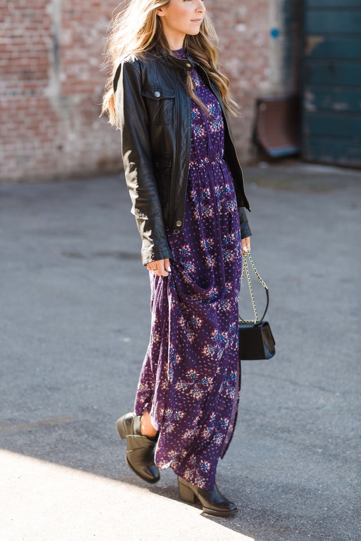 black leather jacket and a maxi dress