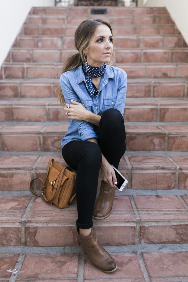 A neck scarf is a fun accessory to add to a basic fall outfit
