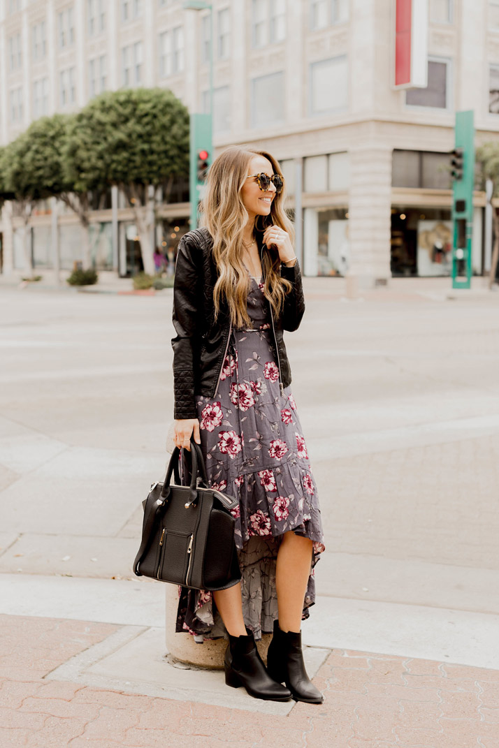 Hi-Low dress with black leather jacket