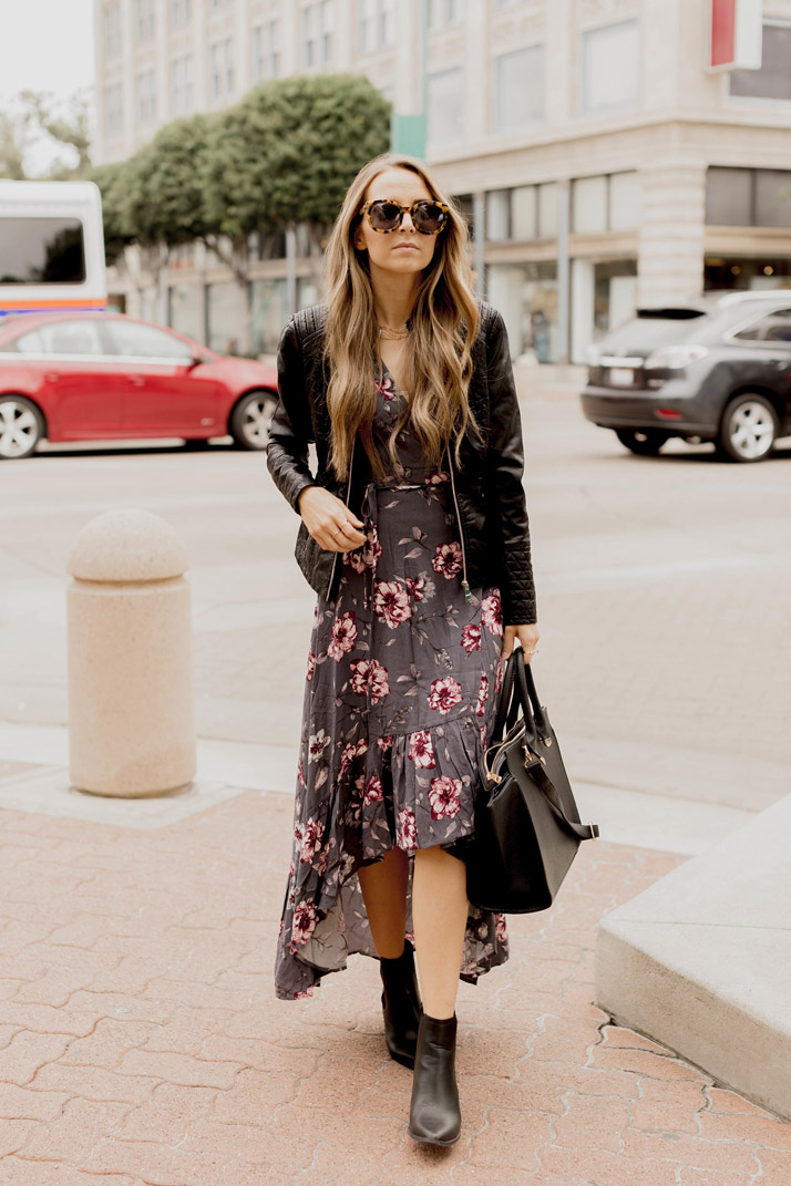 floral dress with leather jacket