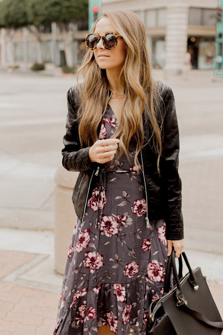 Floral dress and leather jacket