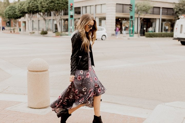 floral dress with leather jacket
