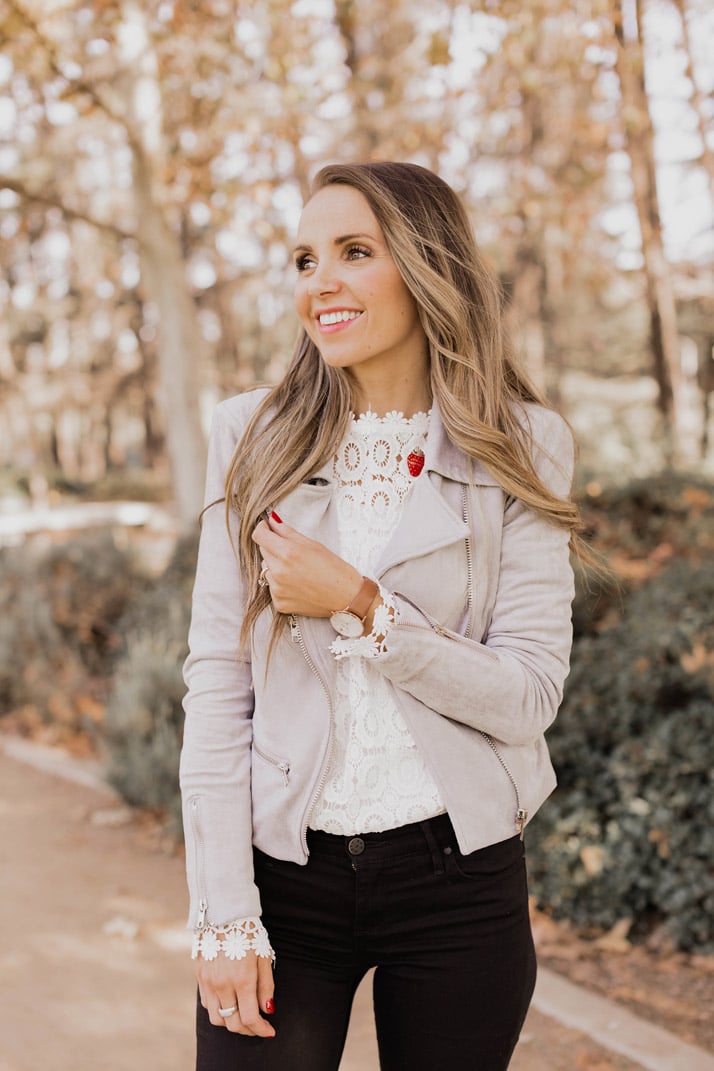 mon amie watches with a gray suede jacket and white lace top