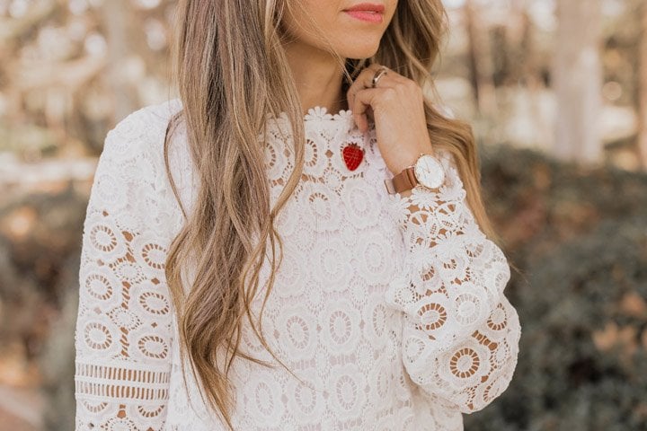 lace top and strawberry pin