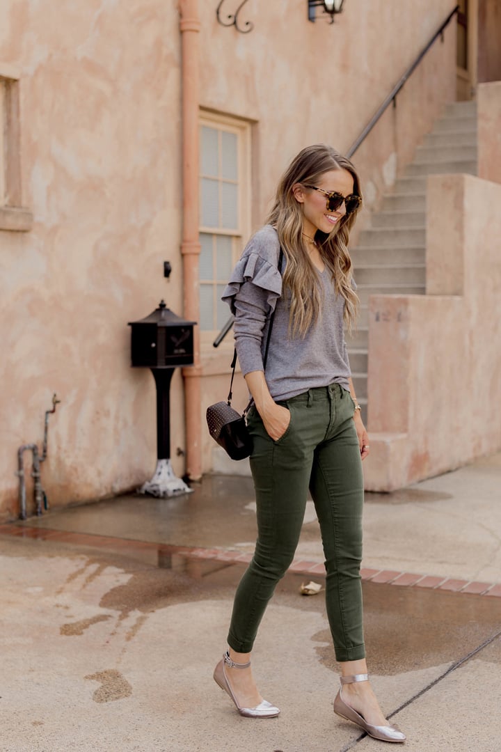 ruffle sweater and olive pants