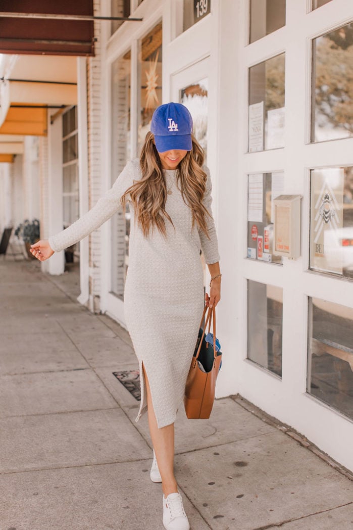 white sneakers gray sweatshirt dress