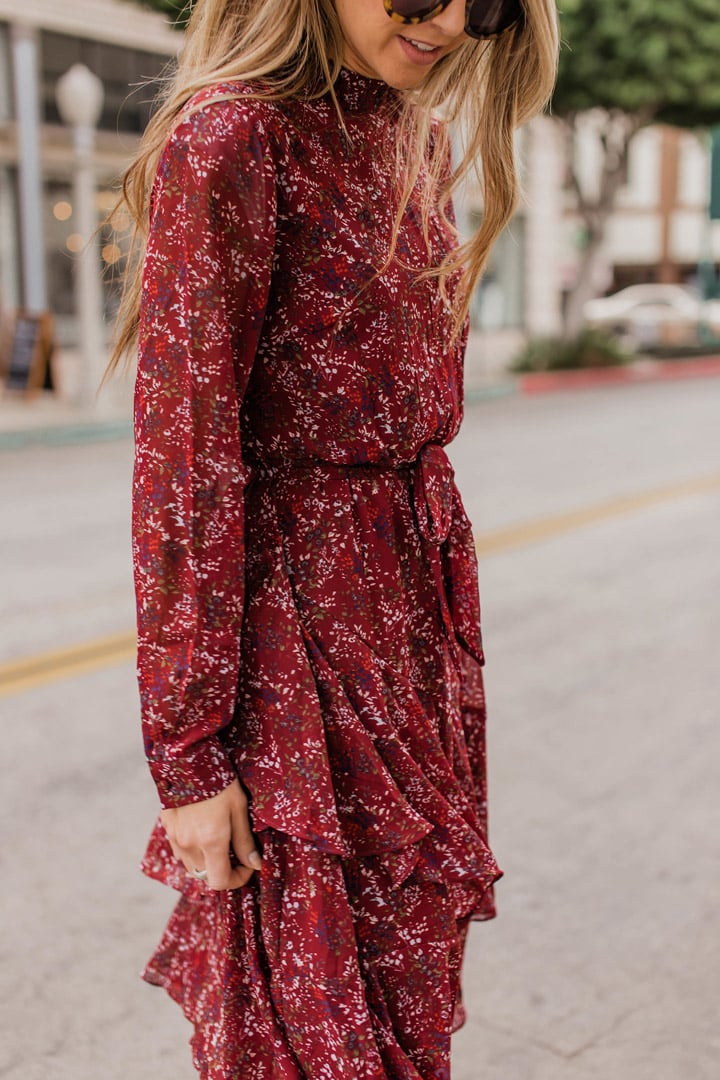 tiny floral print on a burgundy dress