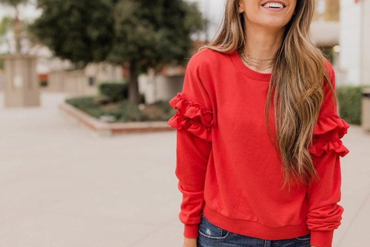 red ruffle sleeve sweatshirt