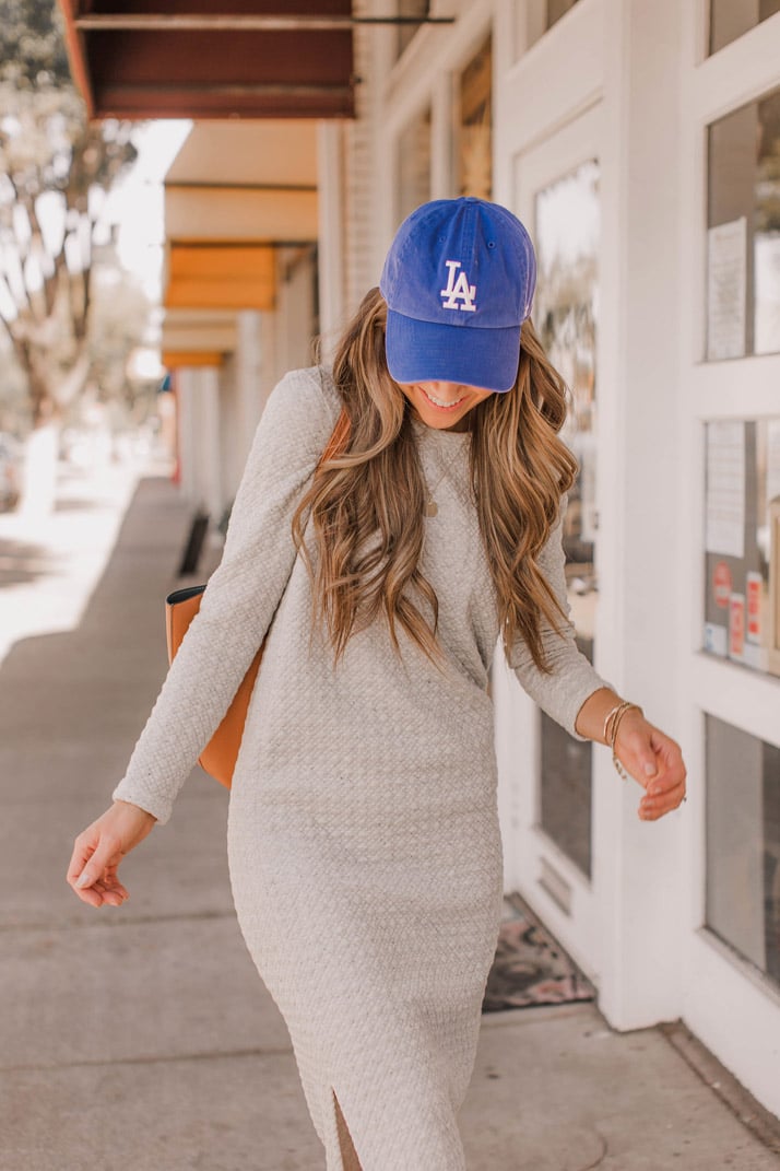sweatshirt dress and baseballl cap