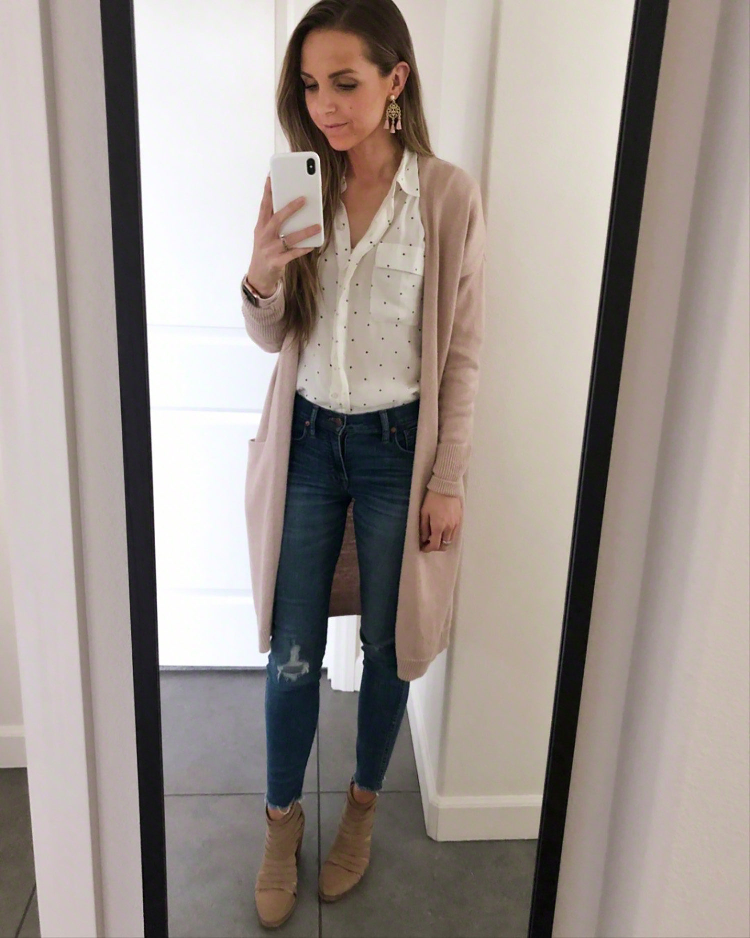 white blouse and blush cardigan | merricksart.com