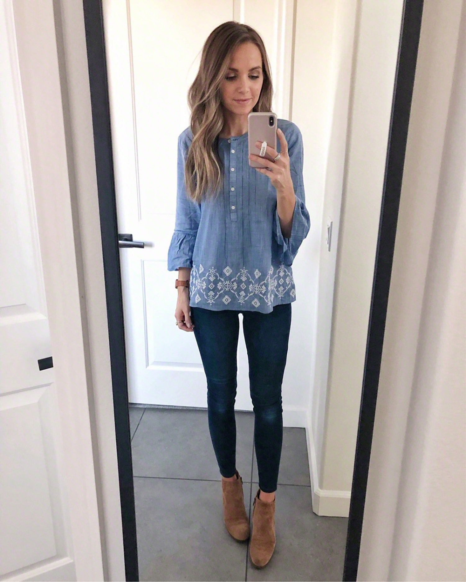 blue top with jeans