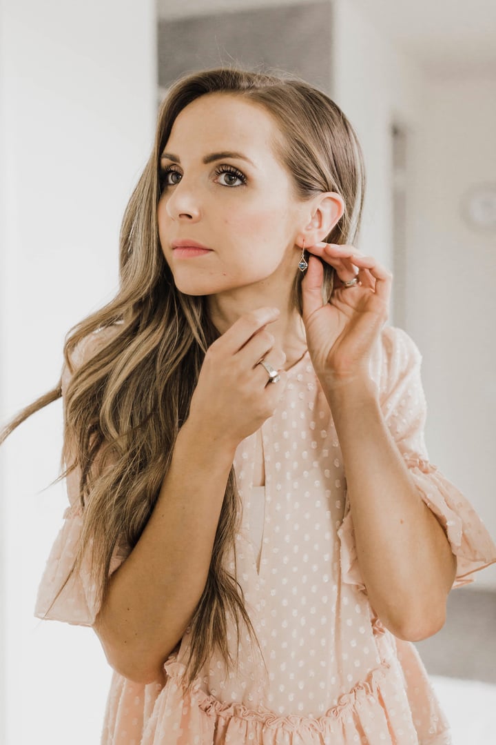 blue earrings to compliment this pale peach ruffle top
