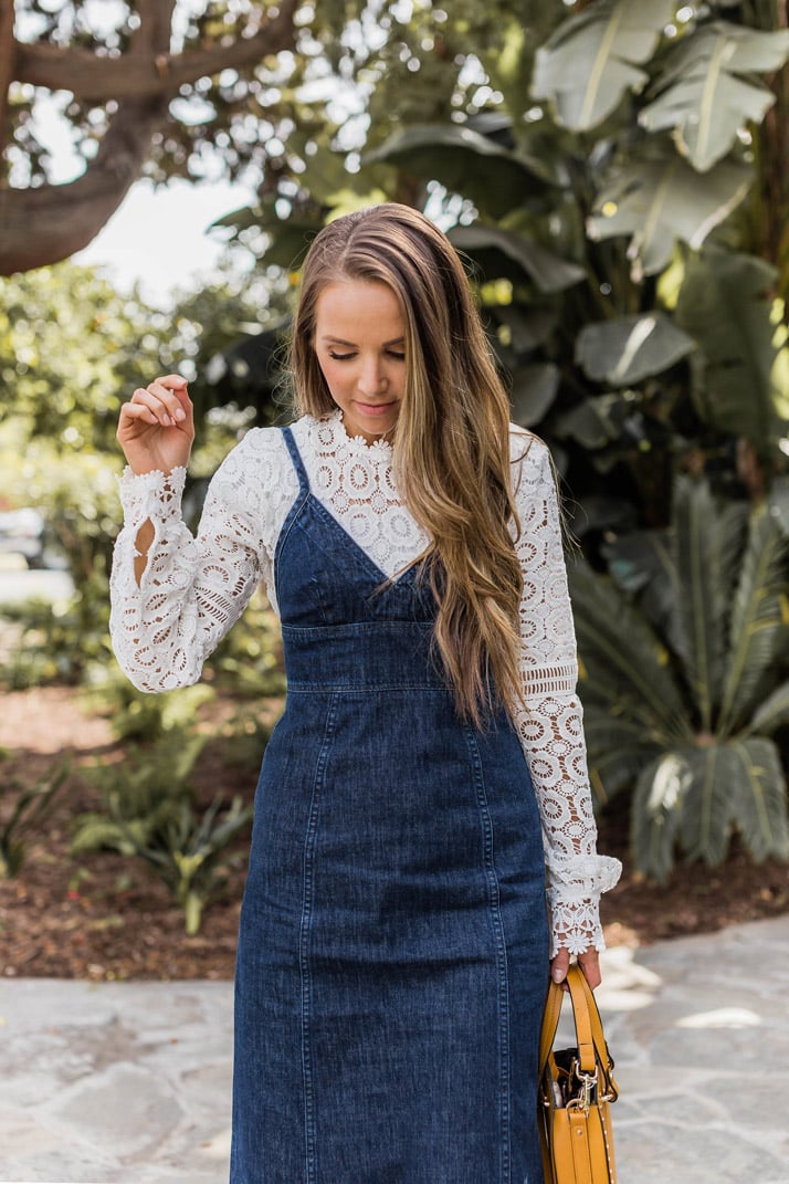 The prettiest lace top with a denim dress