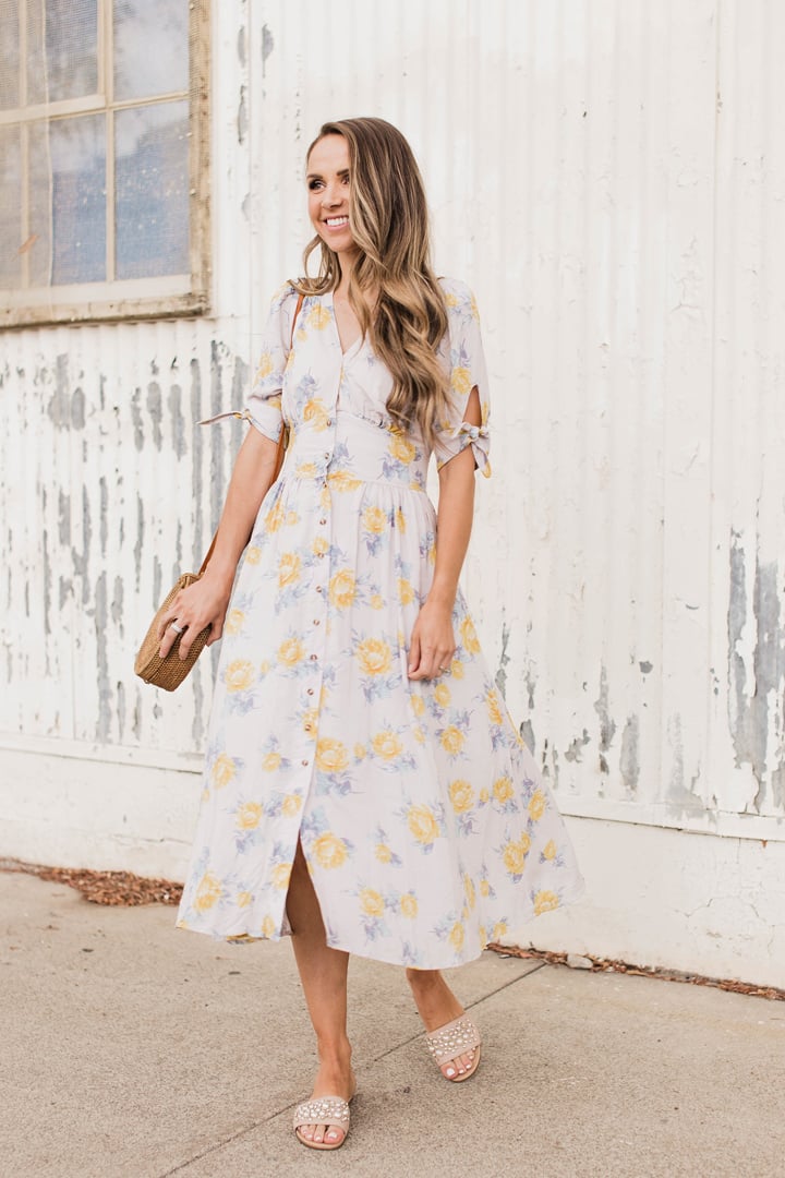 simple earrings with a bold print dress