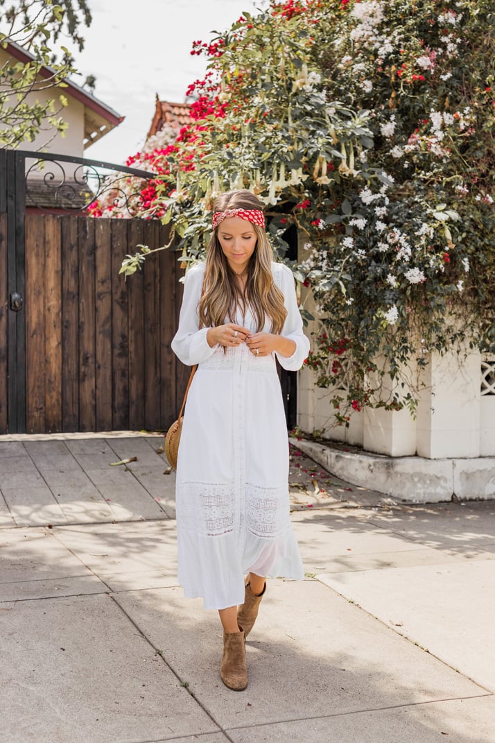 White lace midi dress with ankle boots for spring
