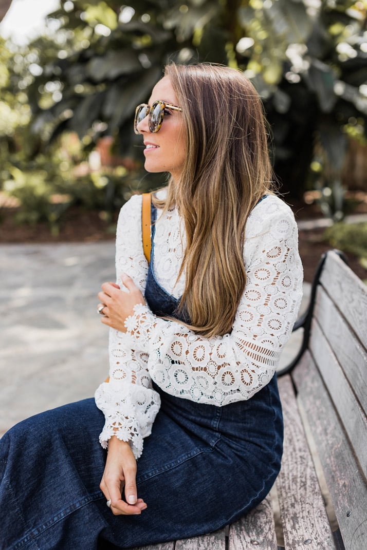 Lace top with a denim dress