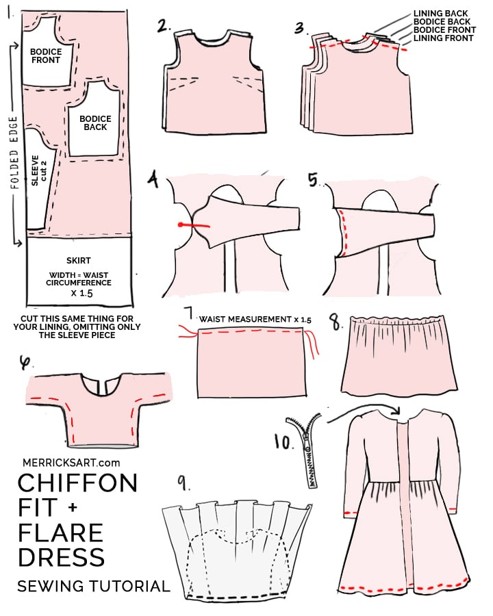 how to make a fit and flare chiffon dress with lining