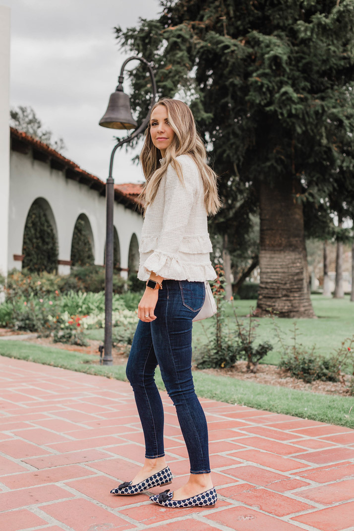 a Neutral outfit with a pop of pattern in the shoes