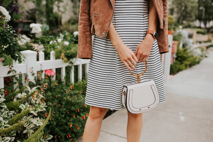 stripes and a dressy handbag