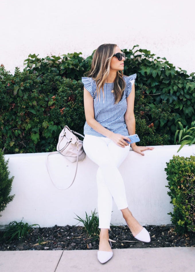 white jeans and gingham top