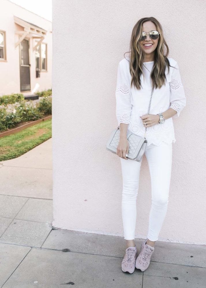 white jeans and white eyelet top