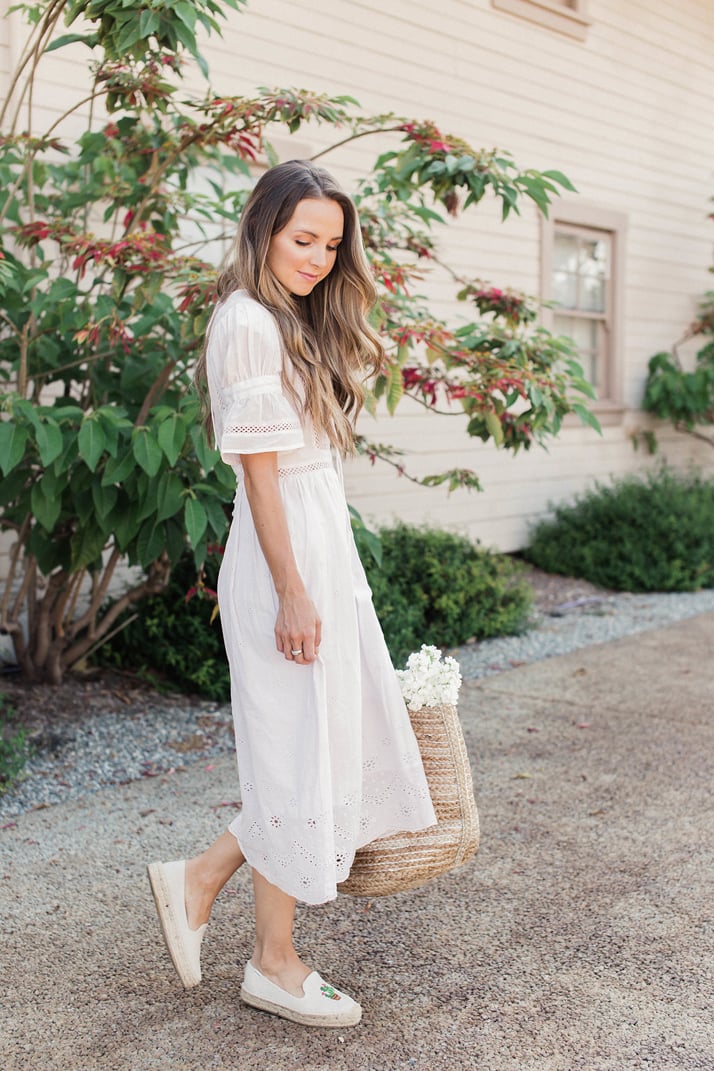 a midi dress and espadrille flats are a great choice for a date night outfit in the summer