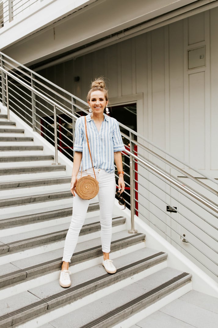 BlankNYC White Jeans and J.Crew Striped Button Down Shirt for a cute date night outfit